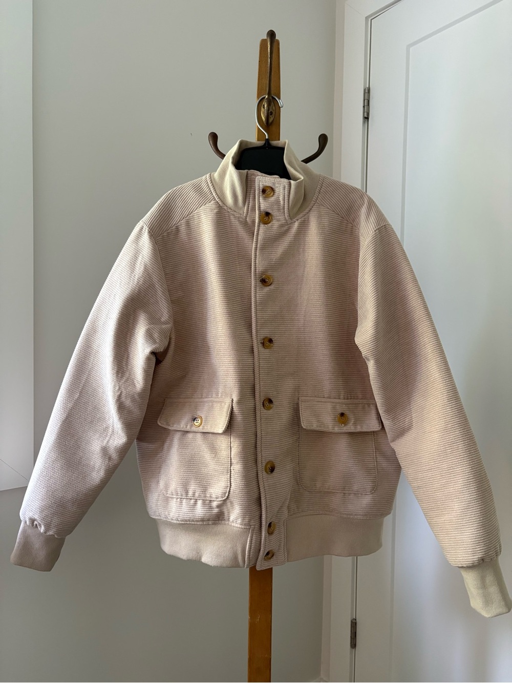 Men's Cream Quilted Bomber Jacket with Button Front